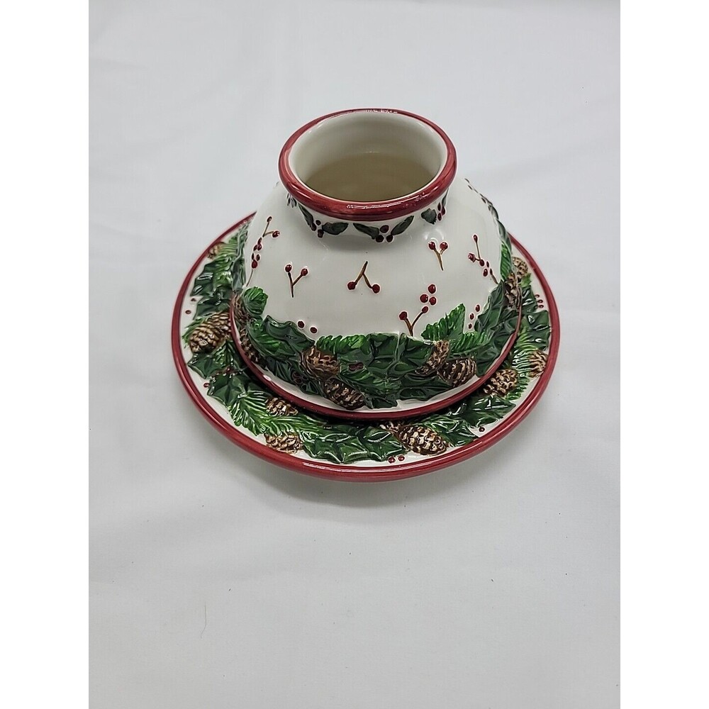 Salt City Porcelain Retired Christmas Pine Cones Candle Shade Topper and Plate